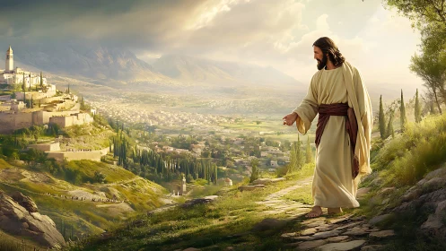 Figure in robe walking hillside path above ancient city.