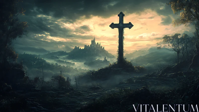 Cross dominates misty valley landscape facing distant castle