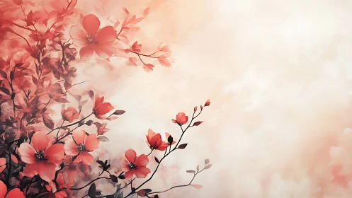 Coral-toned flowering branches with delicate blossoms against soft neutral background