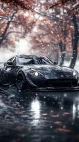 Widebody sports coupe in cinematic winter street scene.