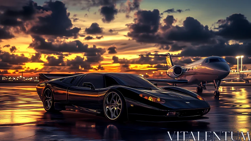 Aerodynamic supercar and jet under reflective sunset tarmac.