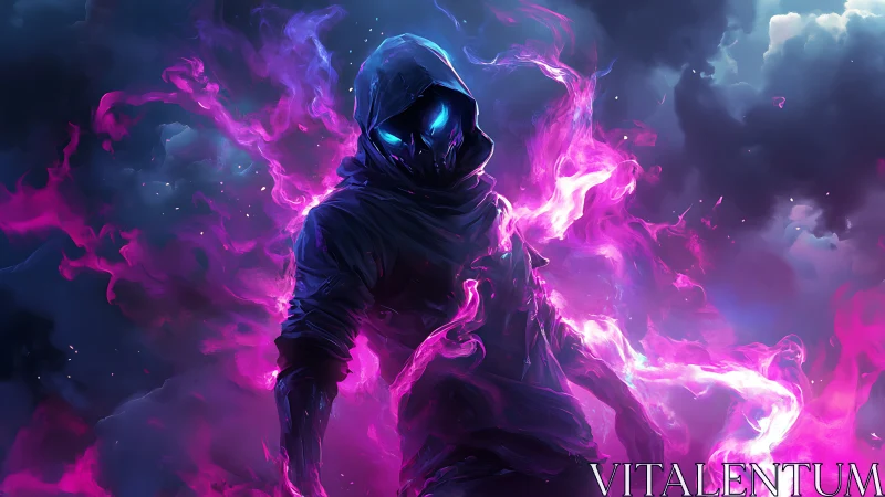 Hooded energy wraith in neon magenta plasma storm field