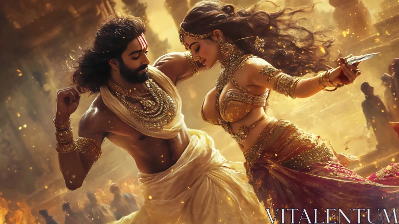 Mythic warrior and dancer in luminous ritual motion.