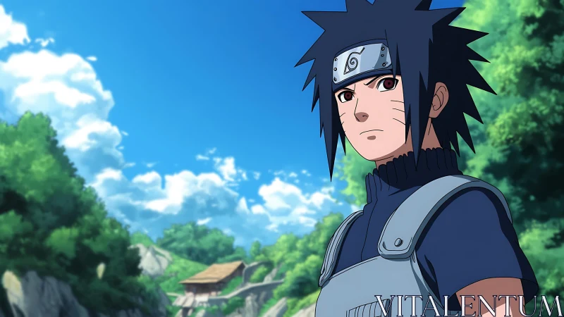 Animated character stands in forested landscape under sky