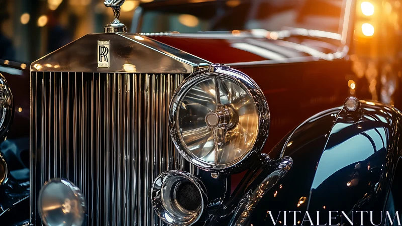 Classic Rolls-Royce grille and headlamp under warm specular lighting