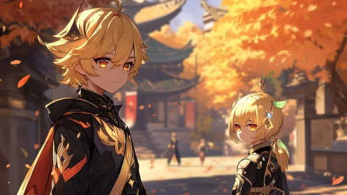 Golden-haired anime duo walk through sunlit autumn shrine