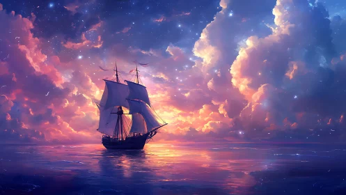 Sailing ship crosses calm sea under luminous sunset clouds