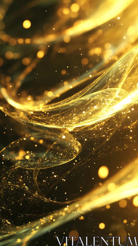 Digital painting of luminescent golden particle streams in motion.