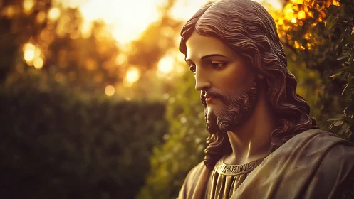 Serene Christ statue glows softly in golden garden sunset light