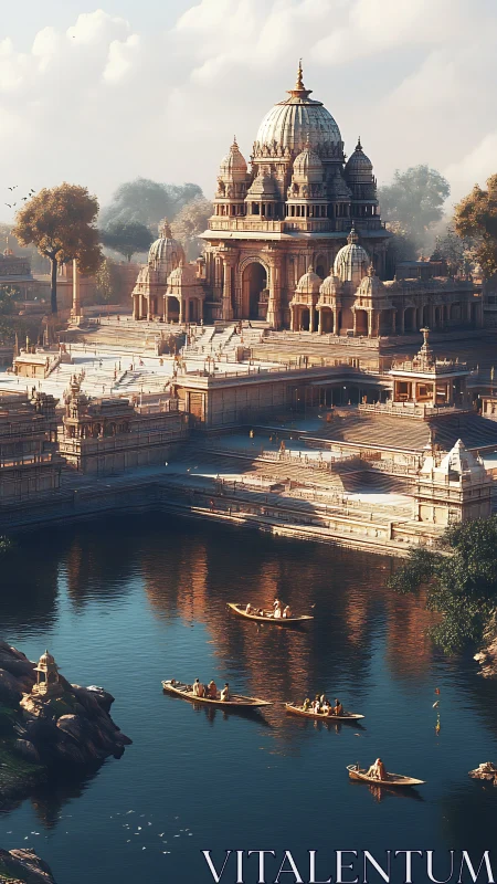 Sunlit domed riverside temple rendered in detailed 3D perspective