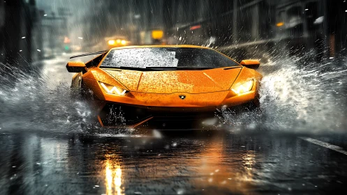 Orange supercar slicing through neon rain-soaked streets.