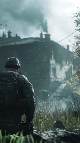 Soldier surveys war-torn urban ruins under drifting smoke