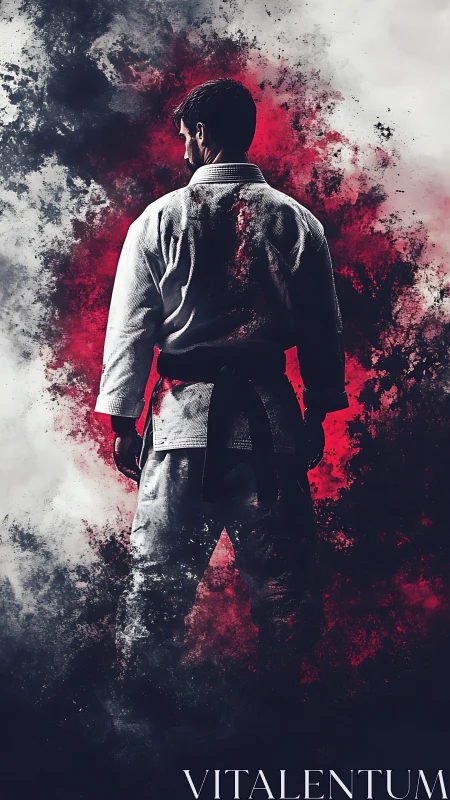 Martial artist stands in smoky red and gray abstract haze