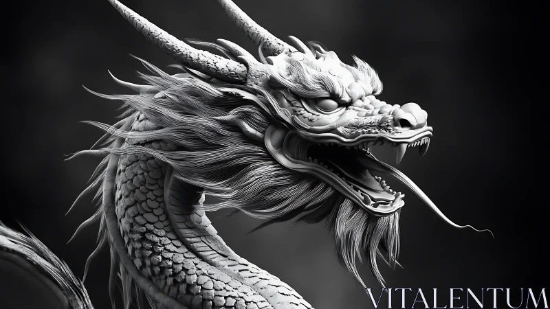 Monochrome 3D Eastern dragon bust showcases dynamic sculptural detail