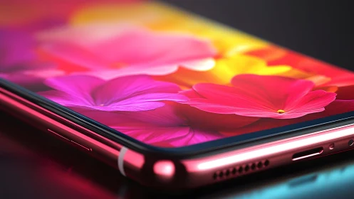 Vibrant smartphone close-up with floral wallpaper, modern digital art.