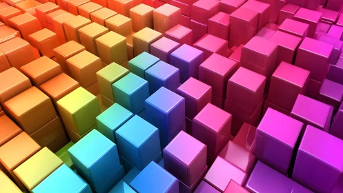 Neon skyline of glossy cubes quietly hums with rainbow light