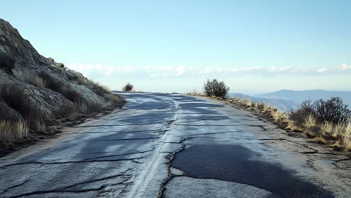 Weathered mountain road curling toward a pale blue horizon.