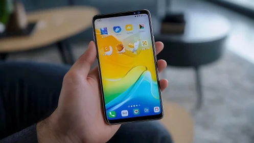Android Smartphone Held in Hand with Vibrant Wallpaper.