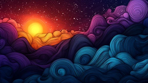 Swirling neon hills embrace a radiant sun at painted dusk