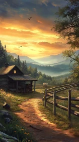 Rural dirt path by cabin under layered mountain sunset sky.