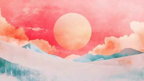 Pastel desert landscape with oversized sun and cloud bank