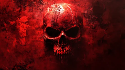 Blood-red demonic skull emerging from textured darkness.