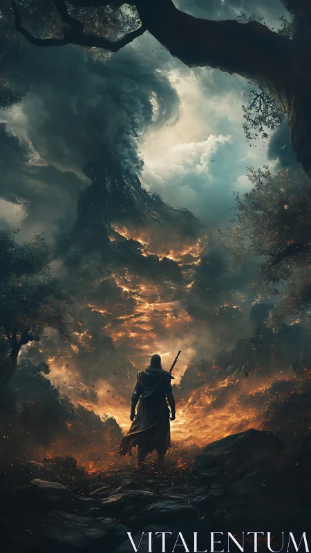 Lone cloaked warrior confronts erupting inferno valley