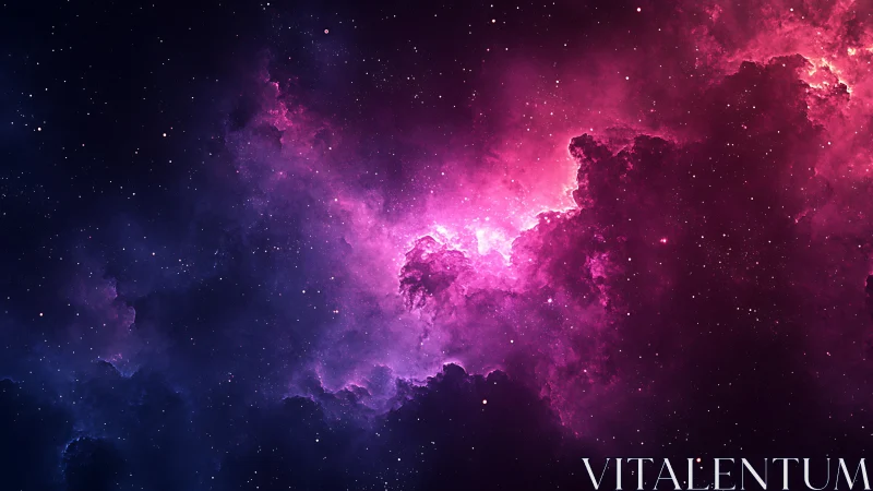 Deep space nebula with pink and violet ionized gas clouds.