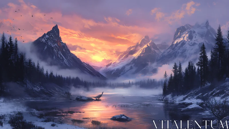 Golden winter sunrise paints a calm misty mountain valley