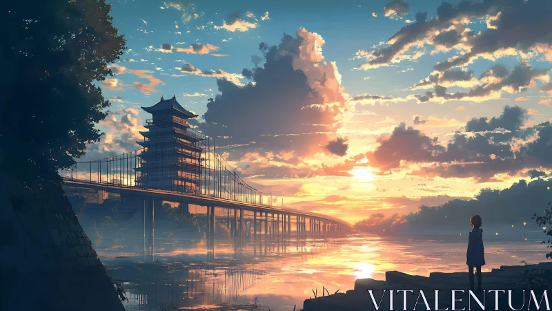 Sunset bridge over river beside pagoda tower.