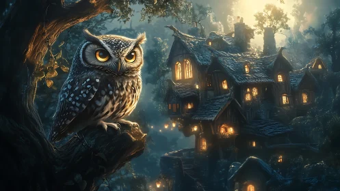 Moonlit owl sentinel guarding a lantern-lit forest manor.