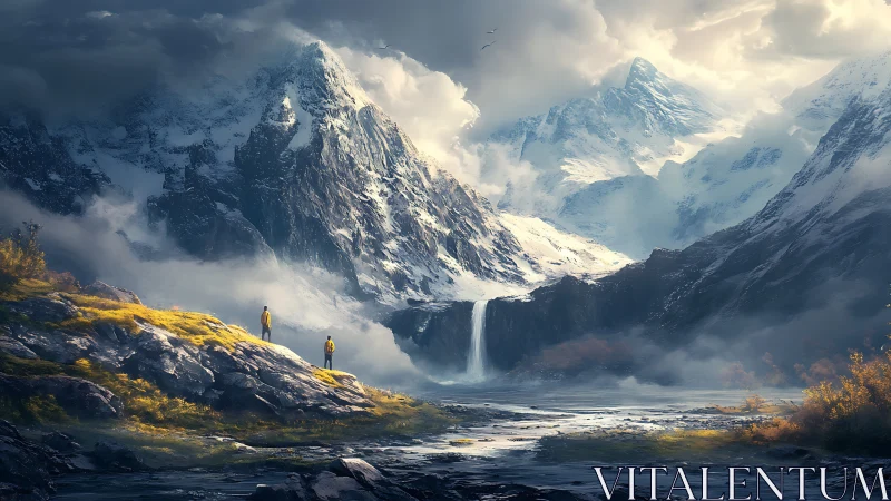 Wanderers before vast alpine waterfall under stormlit peaks.