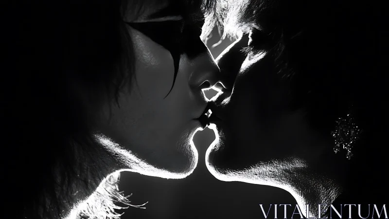 High-contrast monochrome intimate portrait of two figures exchanging breath