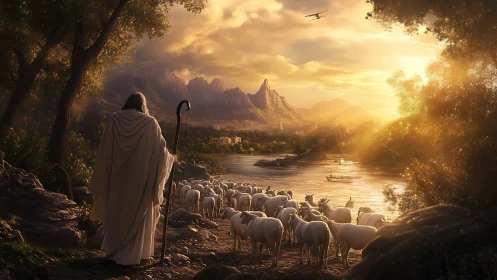 Shepherd guides white flock toward sunlit river valley