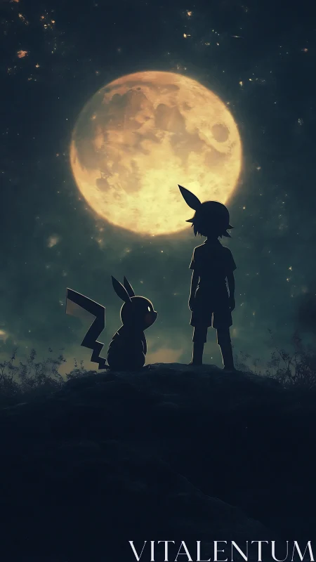 Silhouetted trainer and companion under luminous full moon.