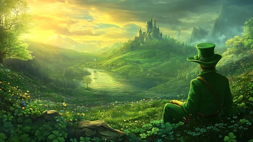 Leprechaun overlooks sunlit emerald valley and distant castle