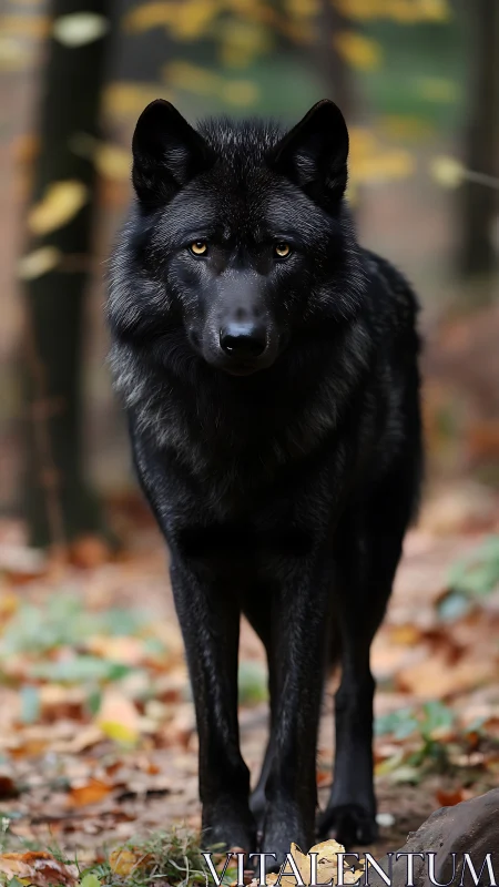 High-resolution black wolf portrait in shallow forest depth