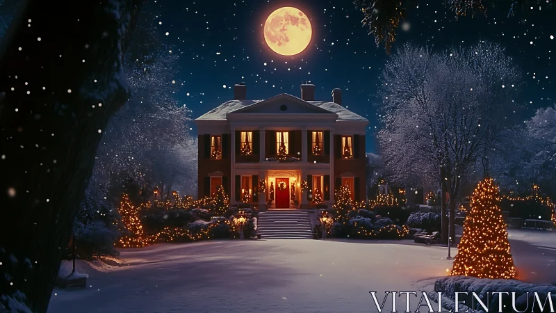 Neoclassical mansion in moonlit snowy landscape with festive LEDs