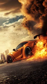Inferno-orange street racer slicing through a firestorm.
