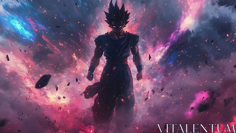 Energy-charged warrior stands within erupting cosmic storm