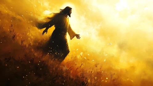 Robe-clad figure walking through radiant golden light.