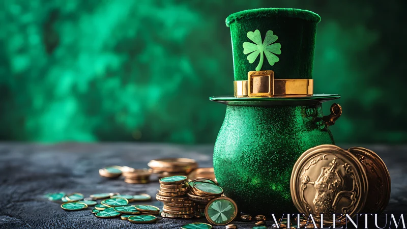 Glittering emerald pot and clover hat with golden coins.