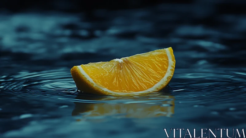 Lemon wedge floats on rippled dark water surface