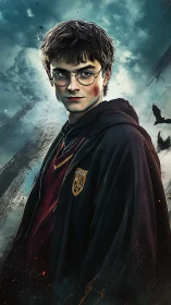 Young wizard standing firm against a stormy sky.