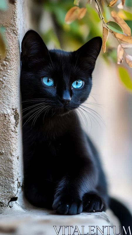 Striking Black Cat with Luminous Blue Eyes.