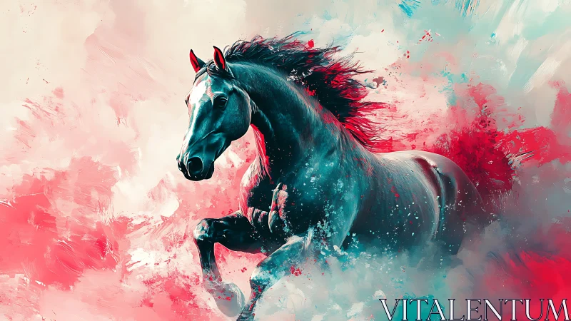 Galloping stallion in explosive teal and crimson motion blur.