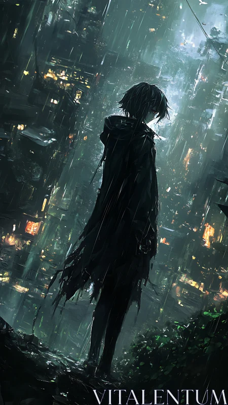 Solitary hooded figure watches neon city drown in rain