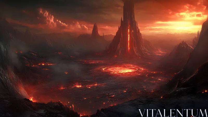 Molten citadel rising above a vast infernal wasteland.