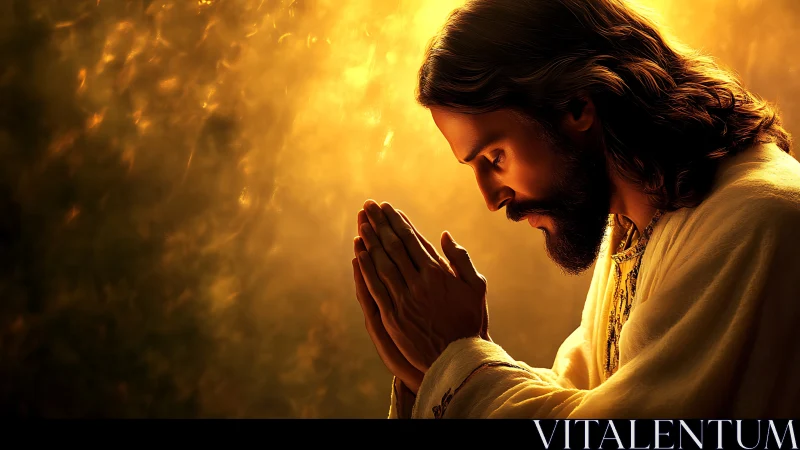 Gentle figure in golden light offering a quiet prayer.