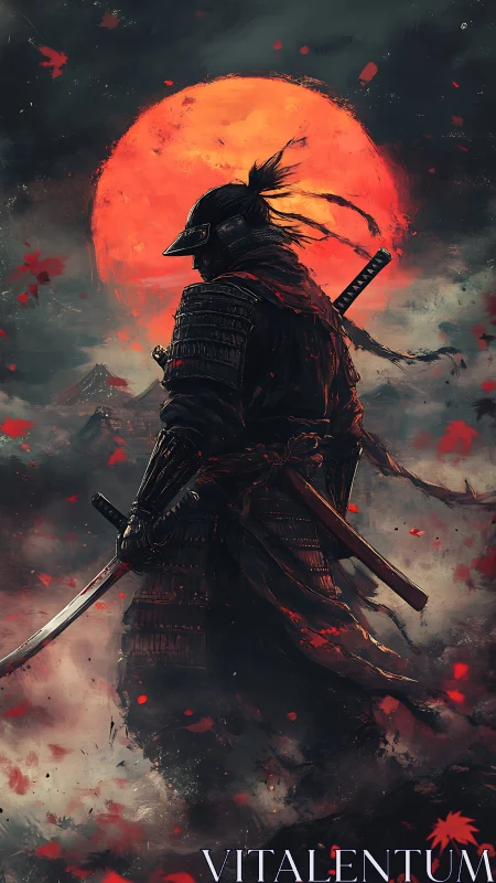 Armored samurai stands under blood red sun in mist.